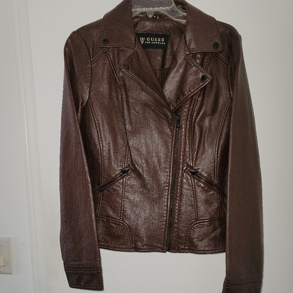 GUESS Brown Leather Moto Jacket - Women's